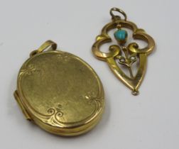 9ct Gold turquoise and seed pearl set pendant, together with a 9ct gold oval photograph locket