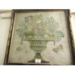 18th Century silkwork picture, a pedestal vase with summer flowers and butterflies, 43cm square