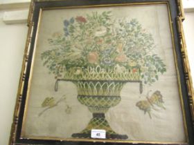 18th Century silkwork picture, a pedestal vase with summer flowers and butterflies, 43cm square