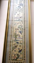 Chinese silkwork sleeve panel, 50 x 8.5cm, gilt framed together with another similar picture, 55 x