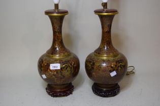 Pair of modern cloisonne baluster form vases adapted for use as table lamps with hardwood bases,