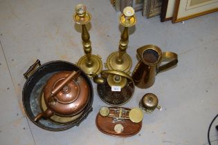 Pair of tall brass candlesticks, 43cm high together with a brass counter bell, two copper kettles,