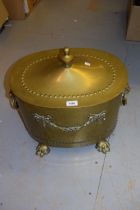 Edwardian oval brass coal bin with cover and lion mask handles