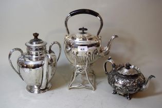 Silver plated spirit kettle (lacking burner) on stand and two other plated items