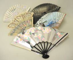 Small collection of various Chinese fans having ebonised, bamboo and bone sticks, all with hand