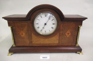 Edwardian mahogany line inlaid mantel clock, an oak cased mantel clock and another smaller dome