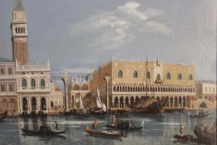Modern oil on canvas, view of St. Mark's Square with gondolas to the foreground, 30 x 40cm, gilt