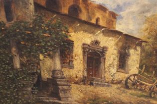 Robert Alott, oil on panel, view of a Continental villa with a two wheeled cart to the foreground,