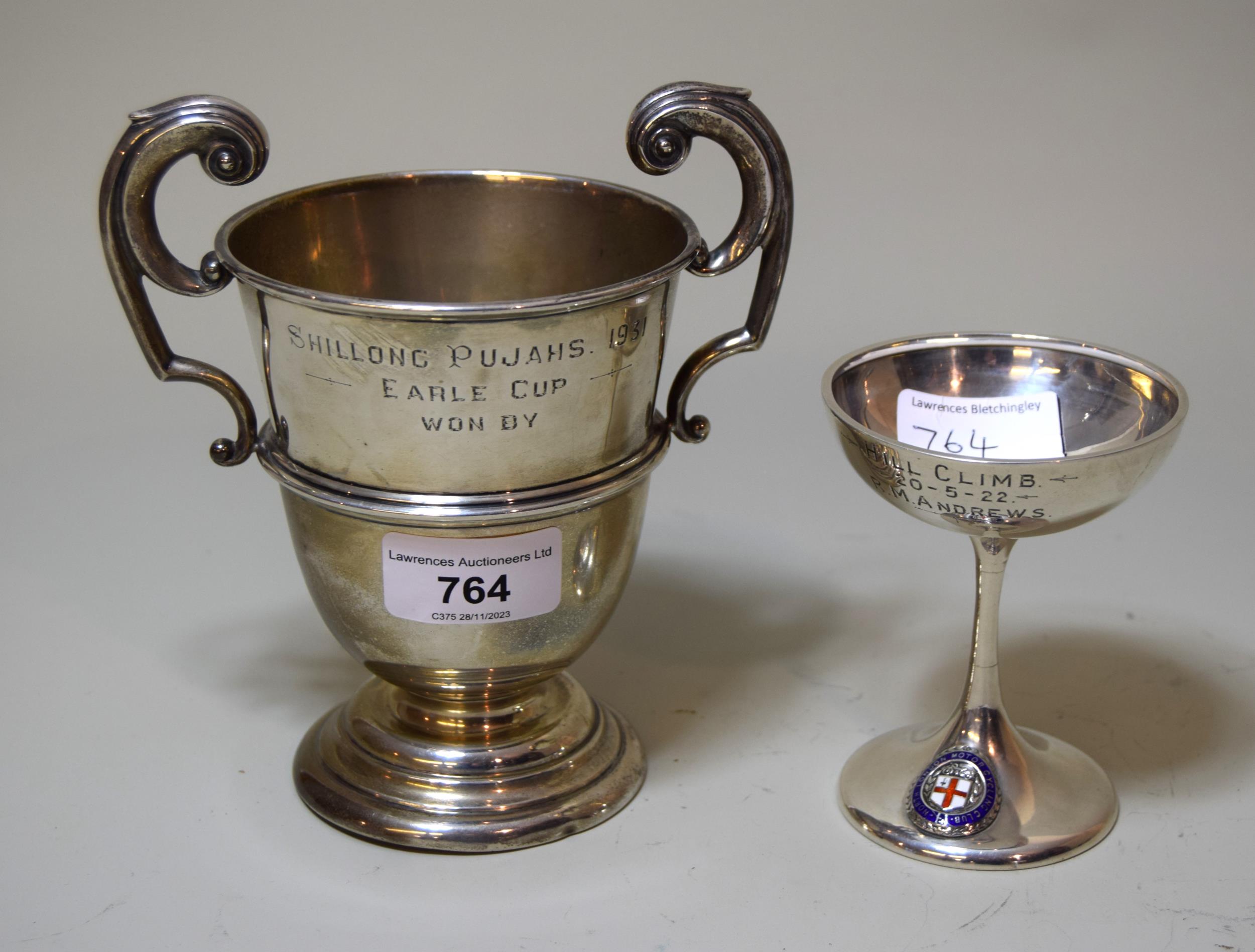 Birmingham silver two handled trophy cup, engraved Shillong Pujahs and another pedestal trophy cup