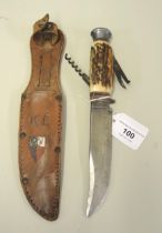 Small Continental hunting knife by Fagan, the stag horn grip incorporating corkscrew etc. with the