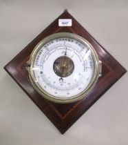 Early 20th Century brass cased holosteric compensated barometer / thermometer by Schatz, mounted