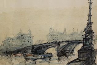 Gerard Nyland, ink and watercolour, view on the Thames, signed and dated '55, 33 x 42cm together