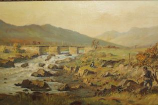 A. Godwin, oil on canvas, shepherd with sheepdogs and sheep in a panoramic landscape, signed and