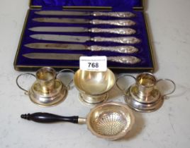 Pair of miniature (925 mark) candlesticks and a similar bowl, 3.5oz t, together with a modern silver
