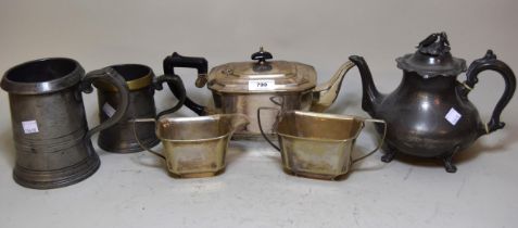 Silver plated three piece teaset, together with two antique pewter tankards and another teapot