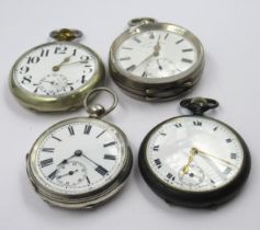 Two silver cased pocket watches, another silver plated pocket watch and a steel cased pocket watch
