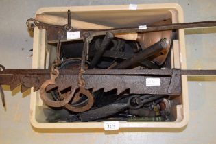 Antique iron spit jack, leather horse collar and a pair of hames, miscellaneous iron pans, flat