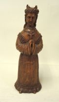 Antique French carved boxwood figure of a lady wearing a crown and crucifix (possibly a chess