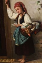 19th Century Continental oil on board, study of a delivery girl ringing a door bell, 25 x 21cm