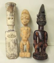 Three African tribal carved wooden fertility figures (Ibeji, Baule, Fante), the tallest 28cm