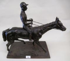 Modern patinated bronze figure of a jockey on horse, 43cm high x 47cm