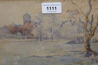 O. Dallas, watercolour landscape with distant church spire, signed and dated 1911, 7ins x 9ins
