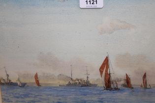 Arthur J.F. Bond, watercolour, line of Thames barges passing before a line of Royal Navy cruisers,