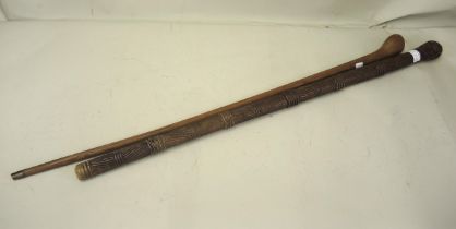 African carved hardwood walking stick, 84cm long together with another plain stick with Arabic