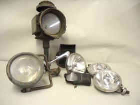 Two vintage motoring lamps, pair of spotlights and a motorcycle head lamp blackout diffuser and