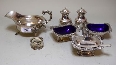 London silver sauce boat in 18th Century style, together with a silver napkin ring, 8.5oz t and a