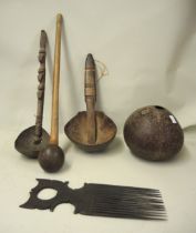 Small quantity of African and Papua New Guinea tribal wooden artefacts including two coconut cups,