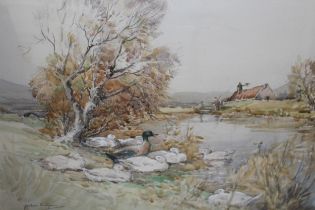 Jackson Simpson, watercolour, river scene with ducks to the foreground, signed, 33 x 48.5cm, gilt