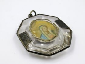 Antique crystal and white metal mounted pendant (damages) inset with a portrait of the Madonna