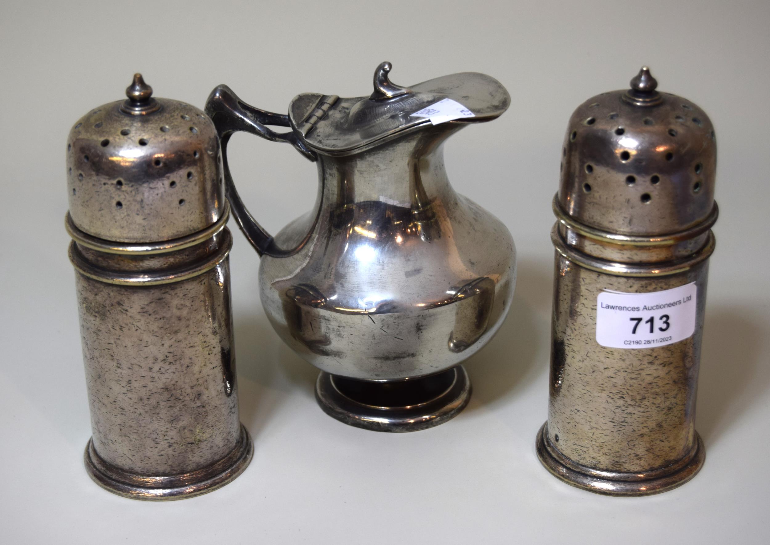 Two silver plated Whitehall Luncheon Club sugar casters and a plated jug (at fault)