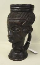 Congolese (Kuba) tribal African carved palm wood wine cup in the form of a female head with