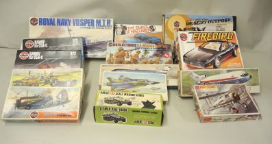 Box containing a quantity of unbuilt, mainly Airfix, model kits, boats, vehicles and aircraft