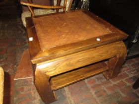 Chinese elm square coffee table with rattan inset top and undertier, 53cms high, 66cm square