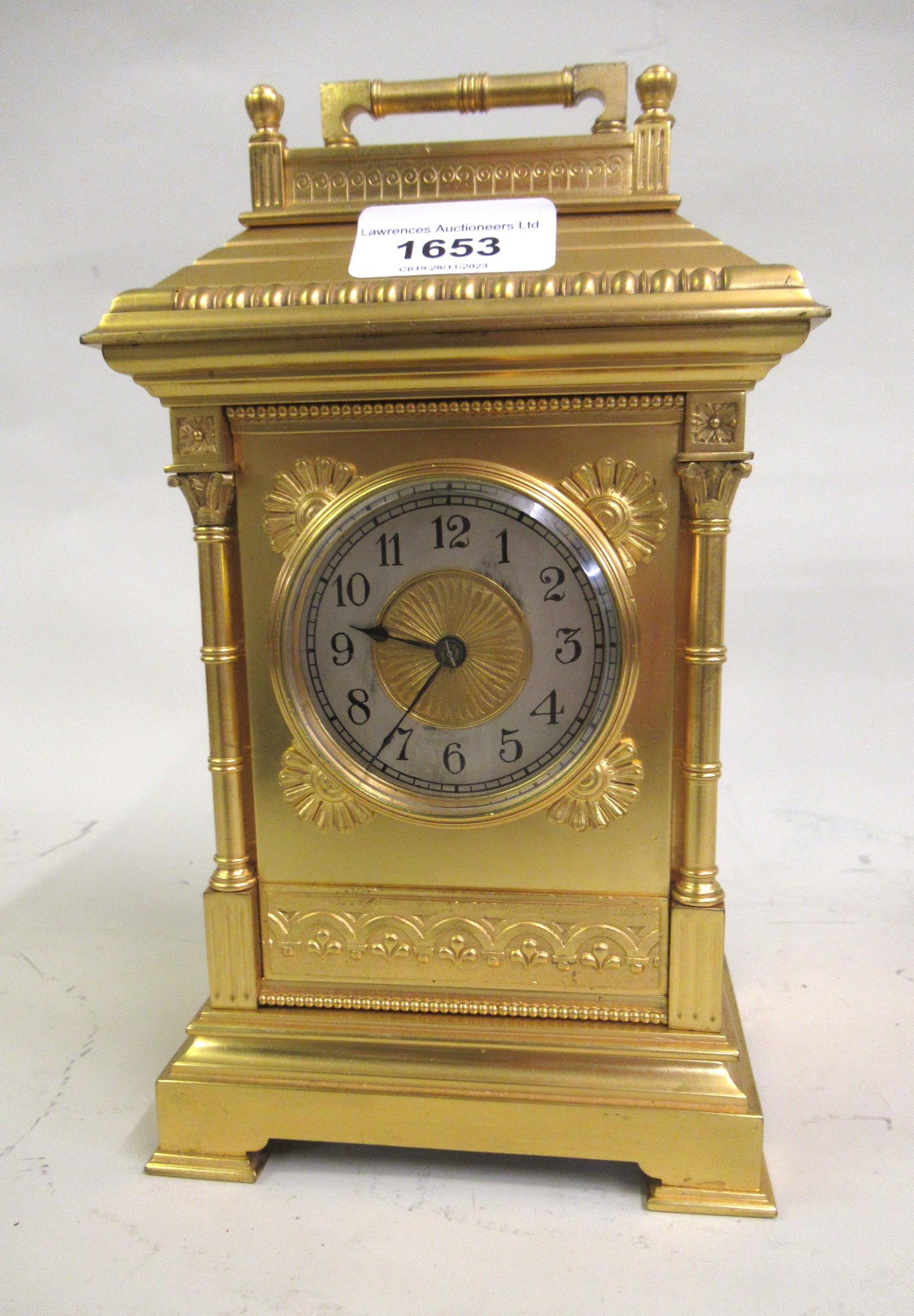 Good quality 19th Century French ormolu carriage clock, the silvered dial with Arabic numerals, with
