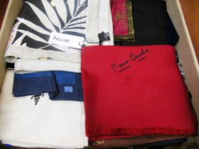 Box containing a quantity of various scarves, pocket squares etc., some silk including Pollini, Polo