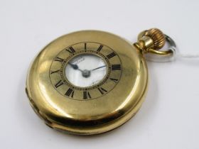 Lancaster Watch Company, gold plated half hunter pocket watch, the enamel dial with Roman numerals