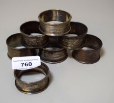 Group of seven various silver napkin rings, 2.5oz t