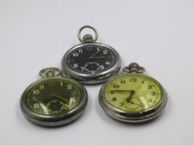 Group of three various military open face pocket watches having Arabic numerals, with War Department