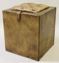 Early 20th Century green leather and brass studded trunk with pull up seat, 44 x 44 x 50cm Good