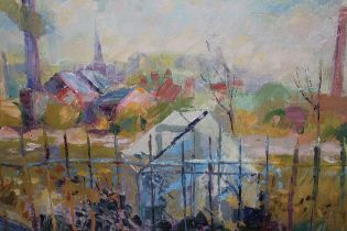Basil Nubel, oil on canvas, landscape with buildings beyond an iron rail fence, signed, 40 x 50cm,