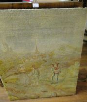 19th Century needlework picture, figures in a landscape before a village, church and castle, 80 x