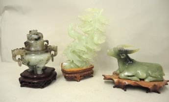 20th Century Chinese carved jadeite two handled censer with cover and hardwood stand, 14cm high
