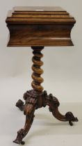 Victorian walnut teapoy on turned support with scrolling feet, 78 x 36 x 31cm Damages as shown in