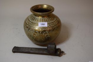 Indian engraved brass baluster form vase, together with an engraved brass quill case / ink pot