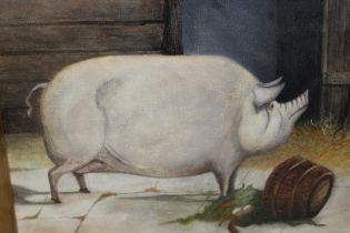 P. Potashnick, oil on canvas board, naive study of a pig in a farmyard, signed, 23 x 29cm, gilt