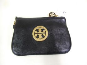 Tory Burch, black leather pouch with gold tone hardware and original dust cover